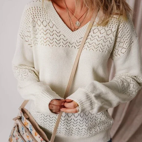 Women's Sweaters Casual Long Sleeve V Neck Lightweight Crochet Pullover Sweater - Picture 2 of 8